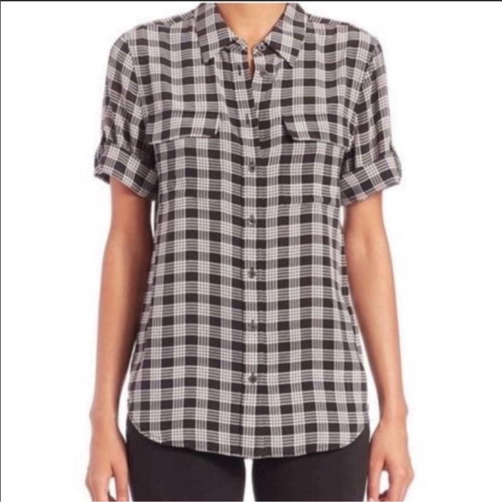 equipment 100% silk black and white plaid shirt size M